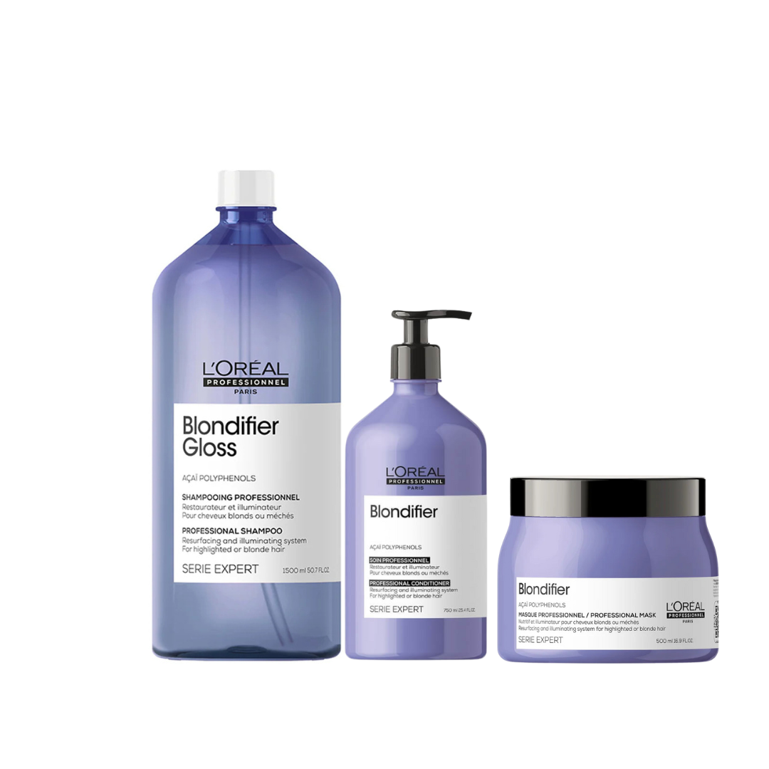 L'Oreal Professionnel Serie Expert Blondifier Gloss Shampoo 1500ml, Conditioner 750ml & Mask 500g Salon Trio Bundle
